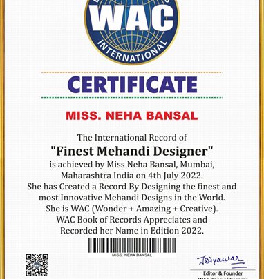 Bollywood actress Neha Bansal’s name entered in WAC Book of Records International as Worlds Finnest Mehndi Artist