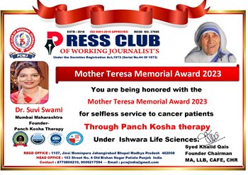 Mother Teresa Memorial Award 2023 To The Mother Of Panchkosha Therapy Dr Suvi Swami