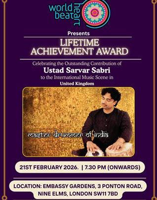 Legendary Tabla Maestro Ustad Tari Khansahb And Sahana Gero MBE Artistic Director Of World Heart Beat Music Academy, London Presented The Award To Ustad Sarvar Sabri